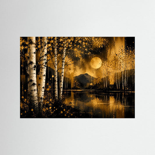 Querformatiges Poster mit abstraktem Wald und See sowie goldener Sonne