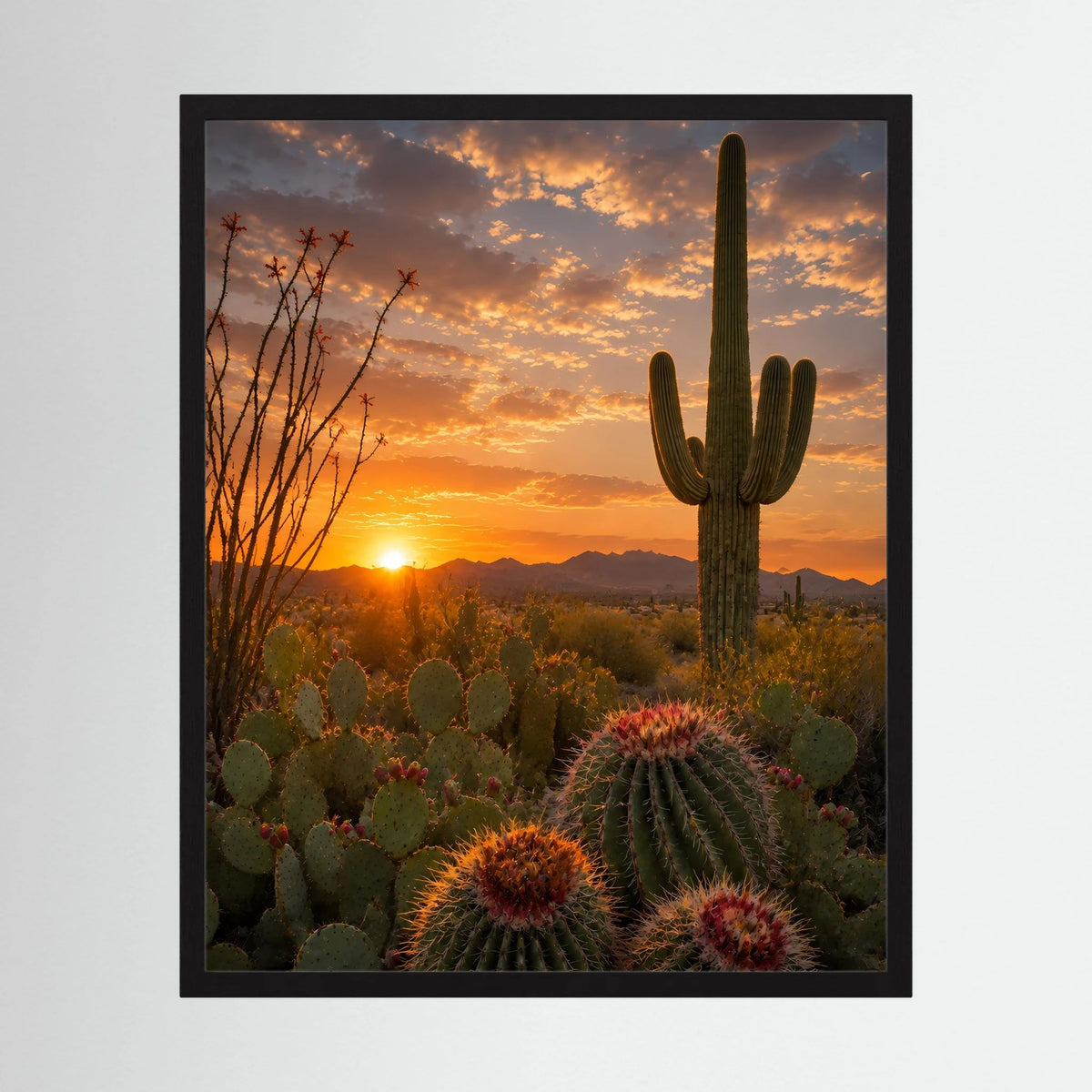 Gerahmtes Poster mit Wüsten-Kakteen und Sonnenuntergang, schwarzer Rahmen