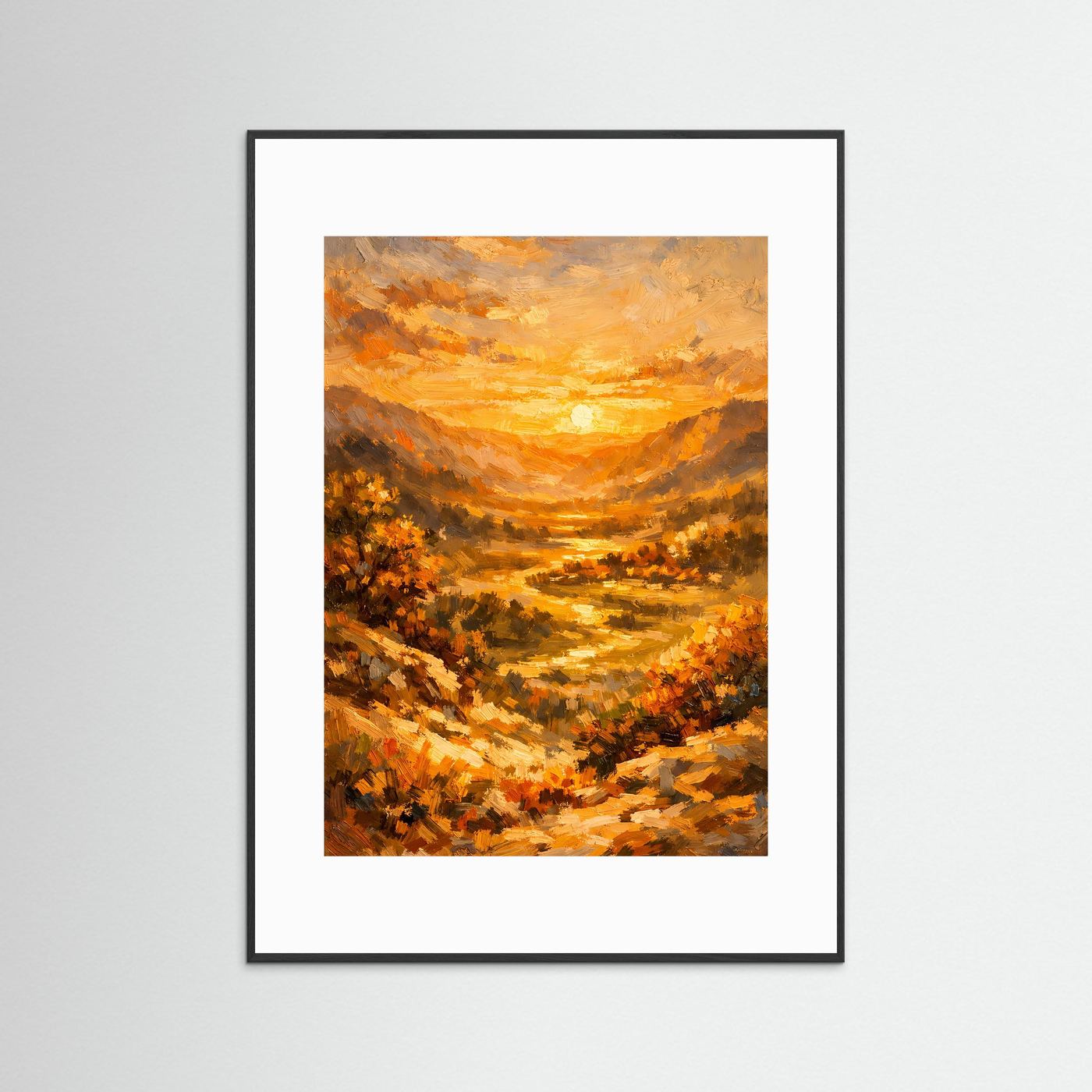 Ölgemälde-Poster hochformat im schwarzen Holzrahmen mit weißem Passepartout
