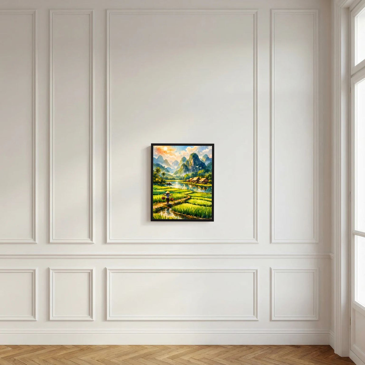 Wandbild mit Reisfeldern, Fluss und Dorf am Ufer in einer Berglandschaft