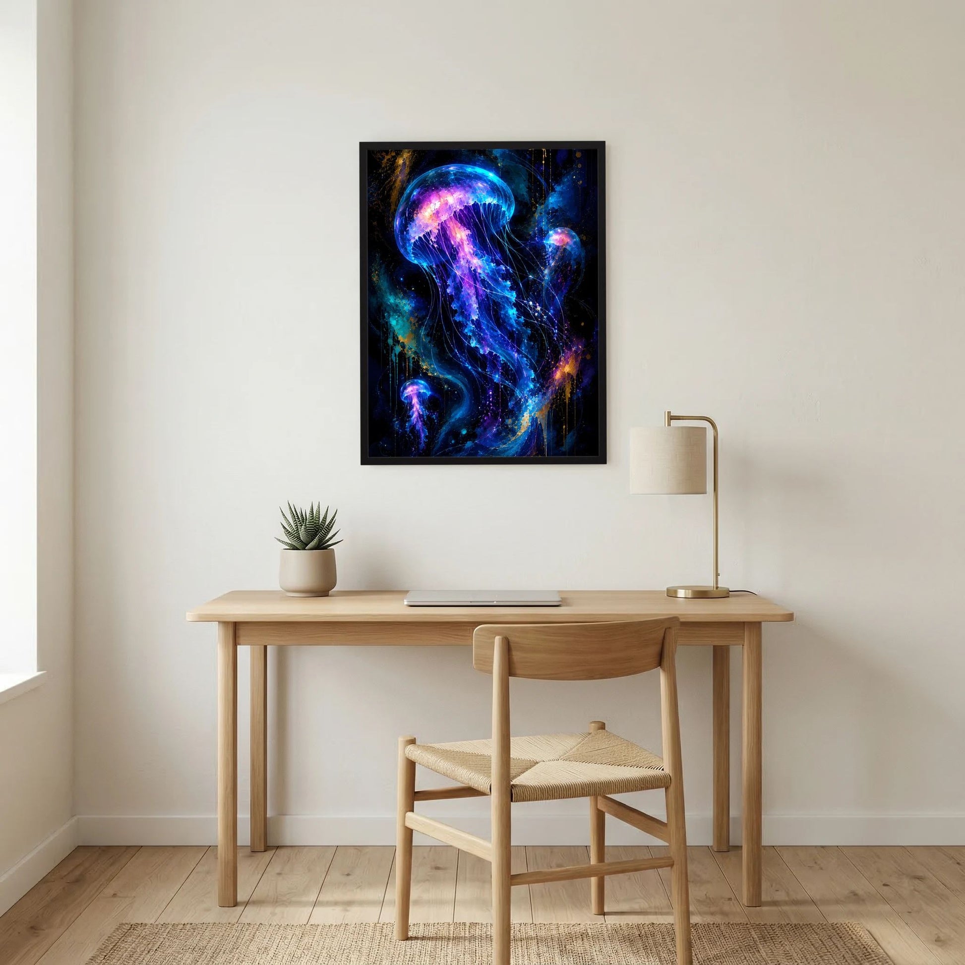 Quadratisches Wandposter: leuchtende Quallen in Neonblau und Violett, schwarzer Rahmen
