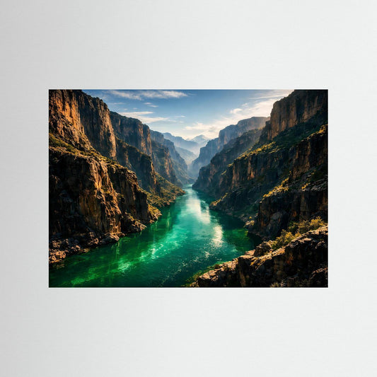 Naturposter mit Panorama-Canyon und türkisgrünem Fluss zwischen steilen Felswänden, im schwarzen Rahmen