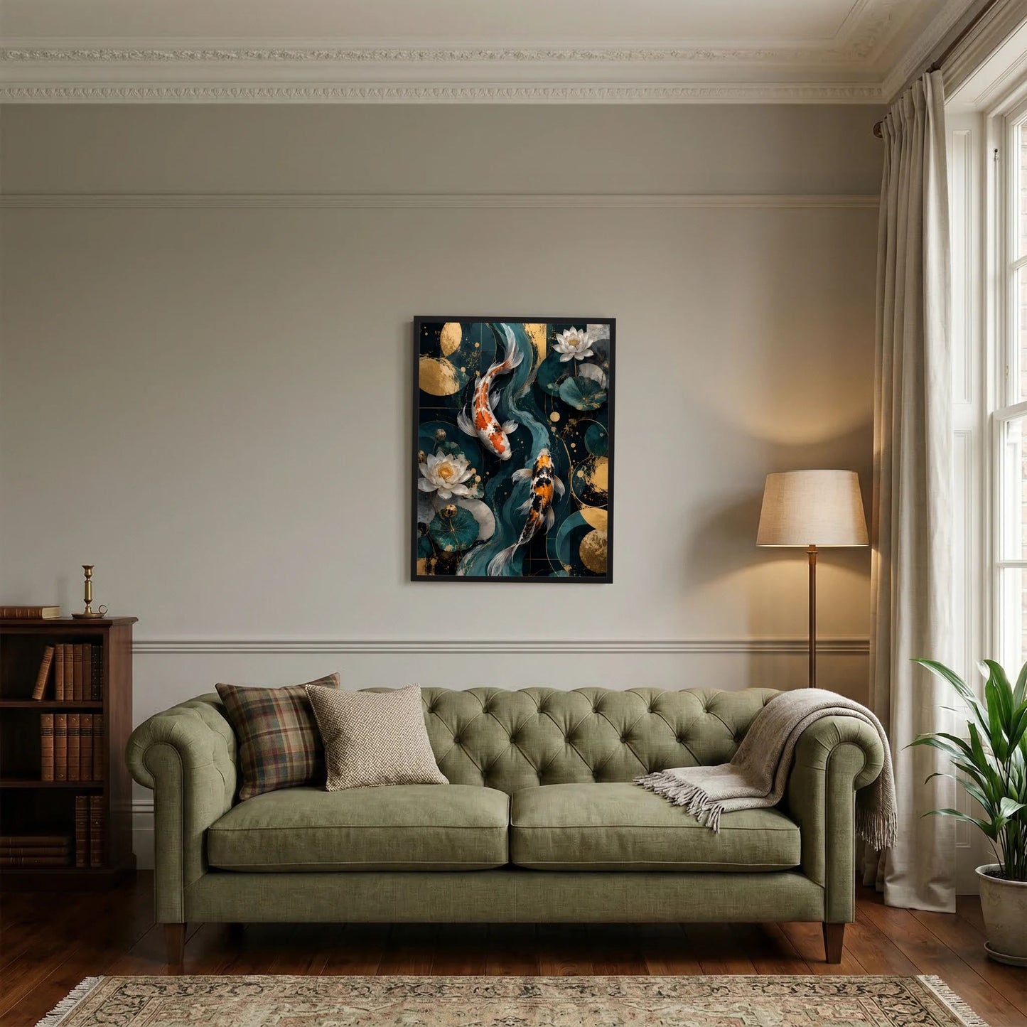 Wandposter im Hochformat mit Koi-Fischen und Lotusblüten in Petrol und Gold, schwarzer Rahmen