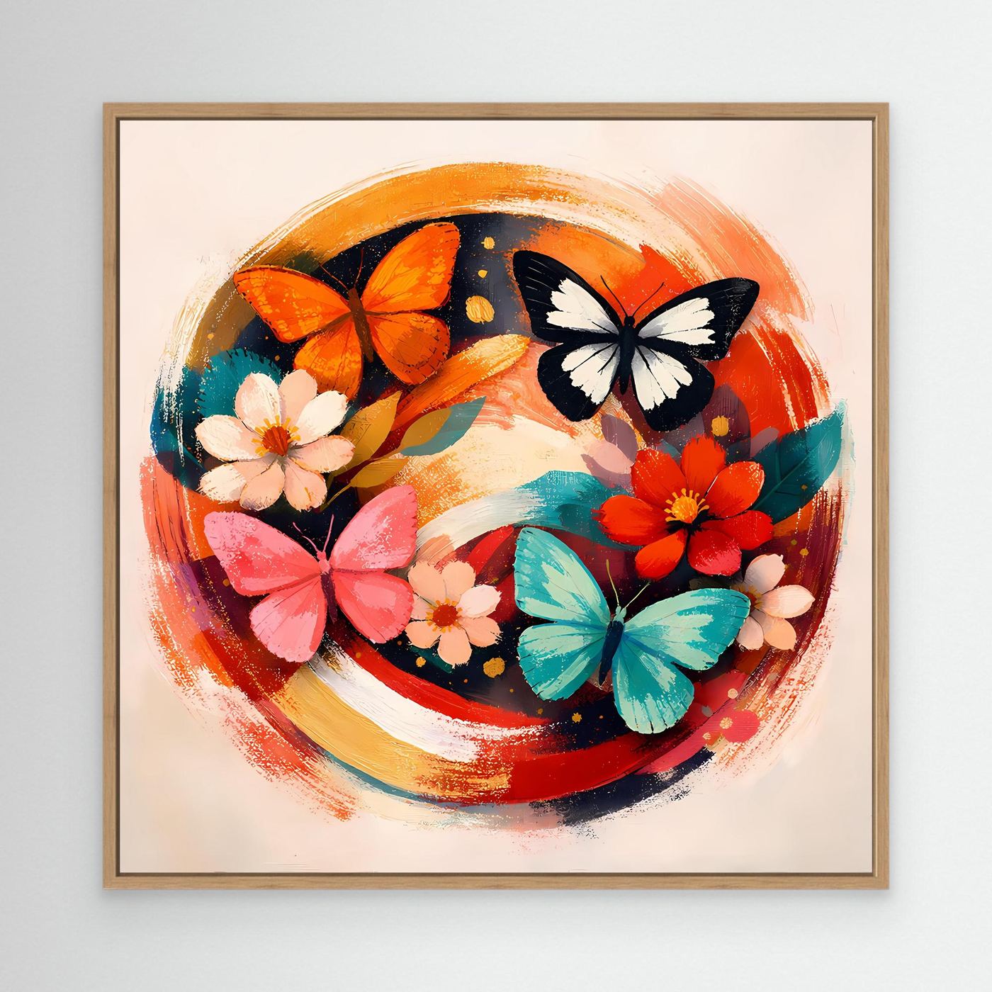 Leinwandbild mit rundem Motiv, braunem Rahmen: bunte Schmetterlinge und Blumen