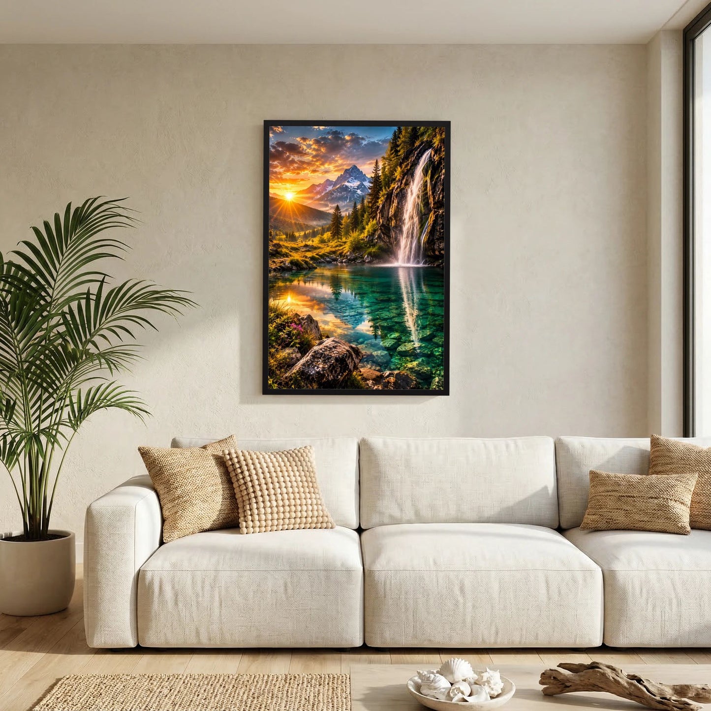Hochformat-Poster im schwarzen Rahmen mit Bergsee und Wasserfall bei Sonnenuntergang