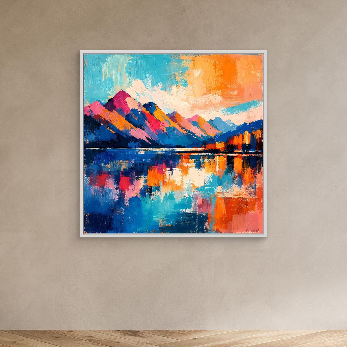 Leinwand-Wandbild mit abstrakter Bergkette am See in Blau und Orange, mit weißem Rahmen