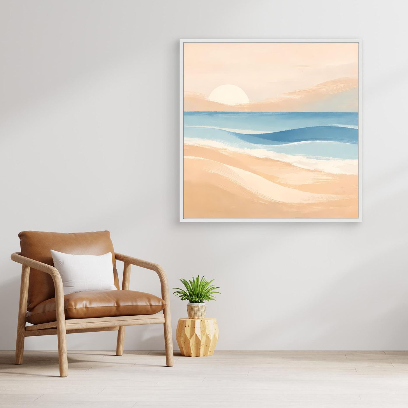 Leinwandbild Strand-Sonnenuntergang, abstraktes Meer, Pastelltöne mit weißem Rahmen