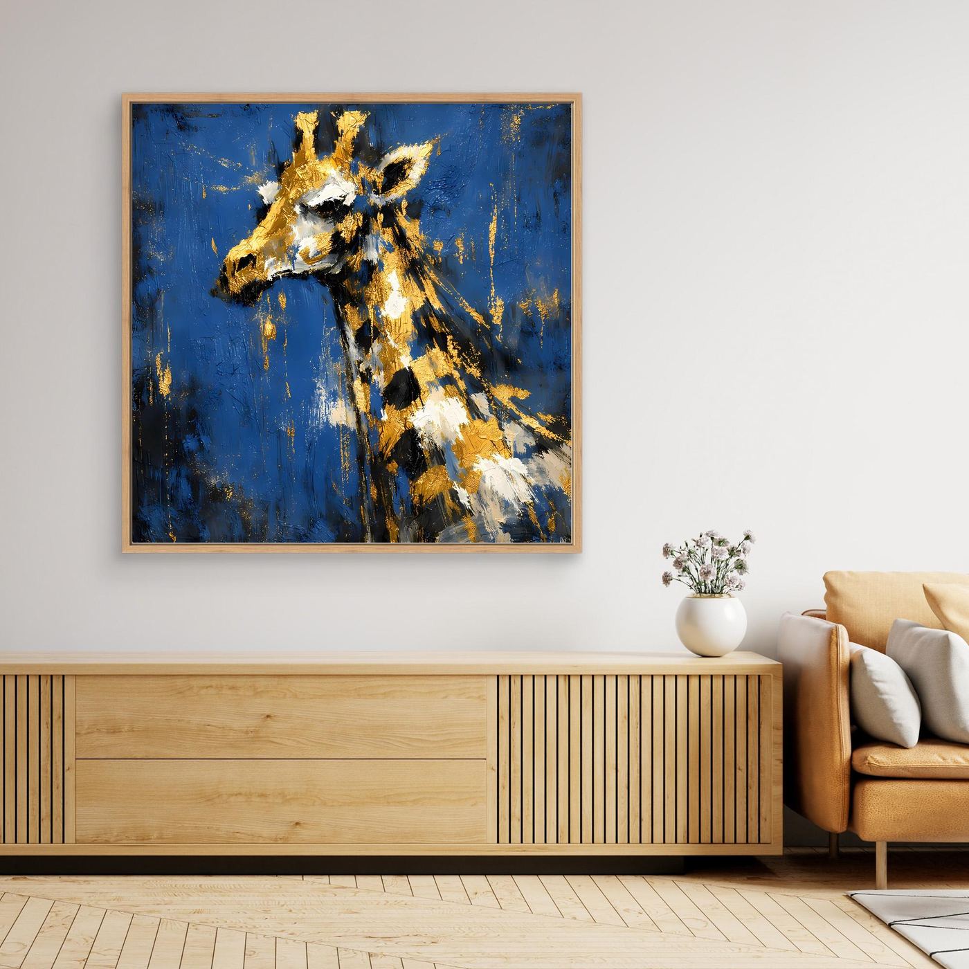 Leinwand Elegante Giraffe in Gold und Blau | Abstraktes Tier Wandbild