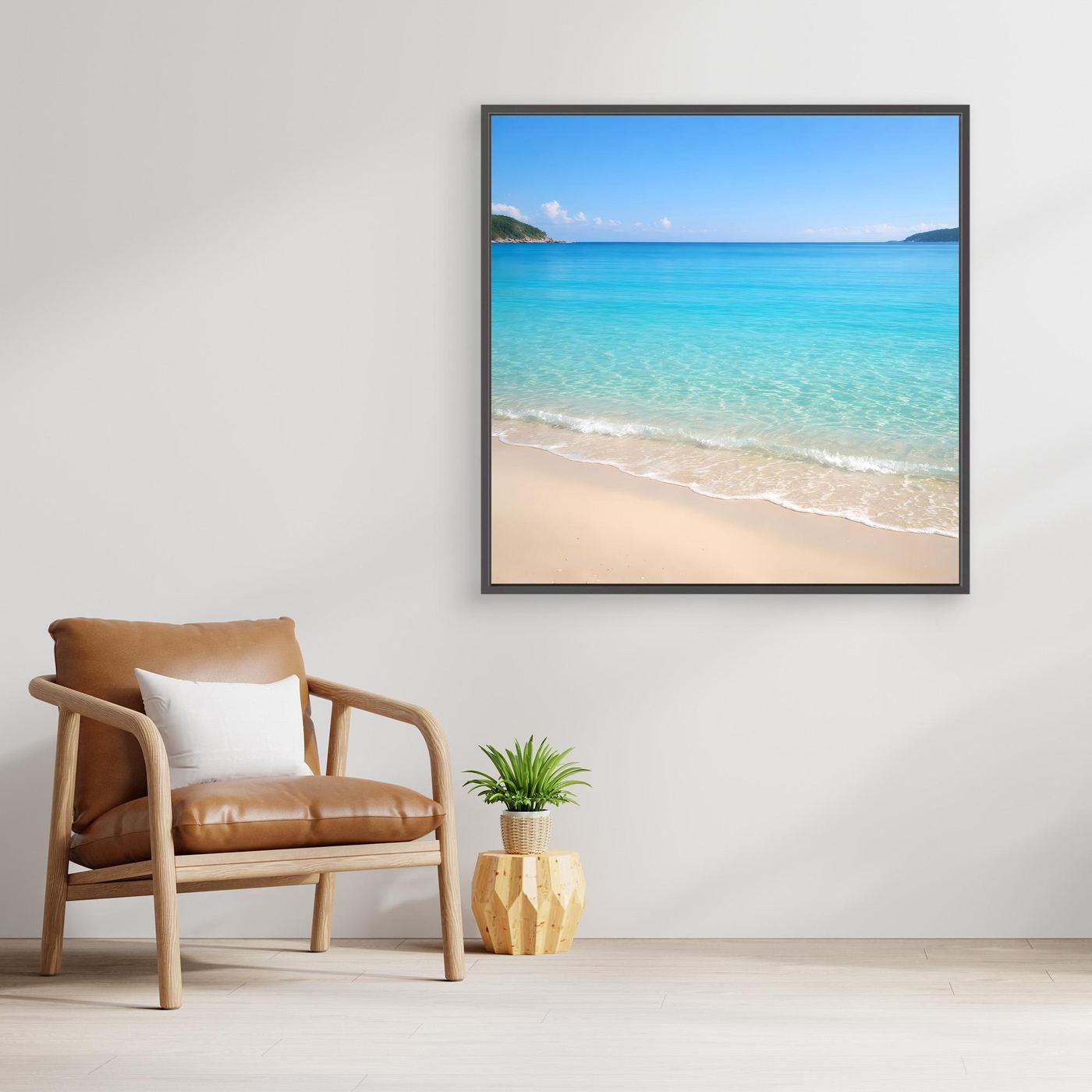 Quadratisches Leinwandbild Strand mit türkisfarbenem Meer und hellem Sand, Rahmen Schwarz