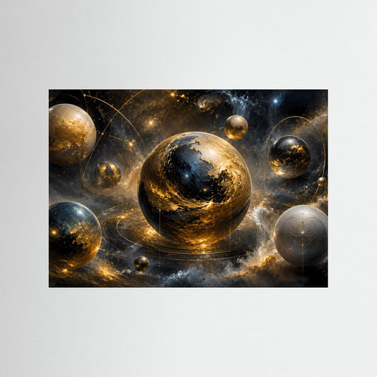 Kosmisches Sphären-Poster mit goldenen Planeten und galaktischem Hintergrund