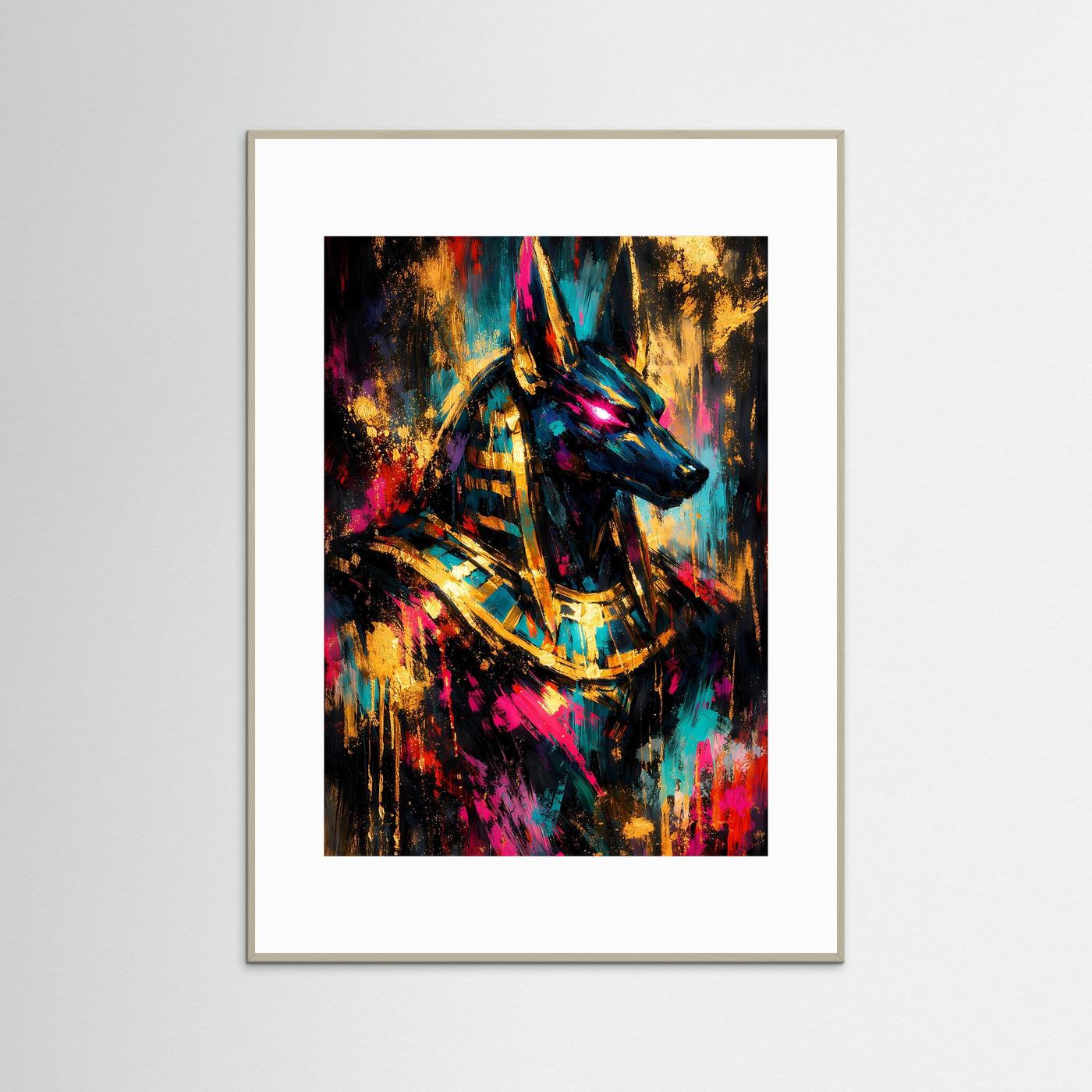 Ägyptisches Anubis-Kunstposter im Hochformat mit bunten Neon-Akzenten und grauem Rahmen