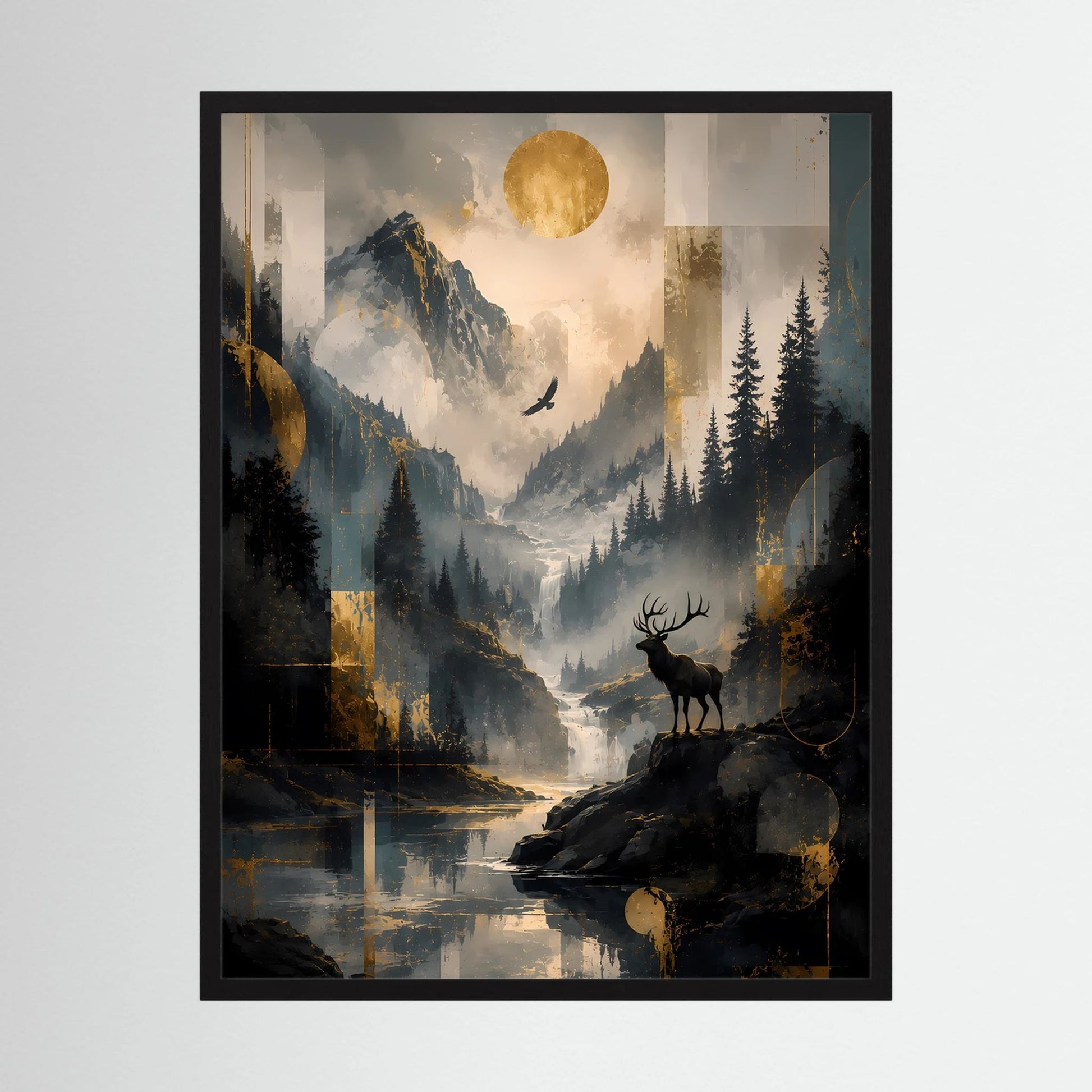 Hochformatiges Poster im schwarzen Rahmen: Hirsch am Wasser, Berge, Wald, goldene Sonne