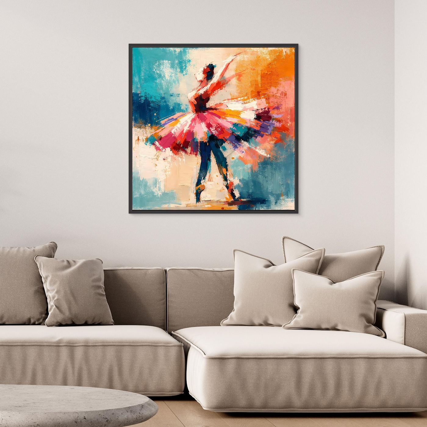 Abstract ballerina canvas wall art with dark frame and multicolor tutu