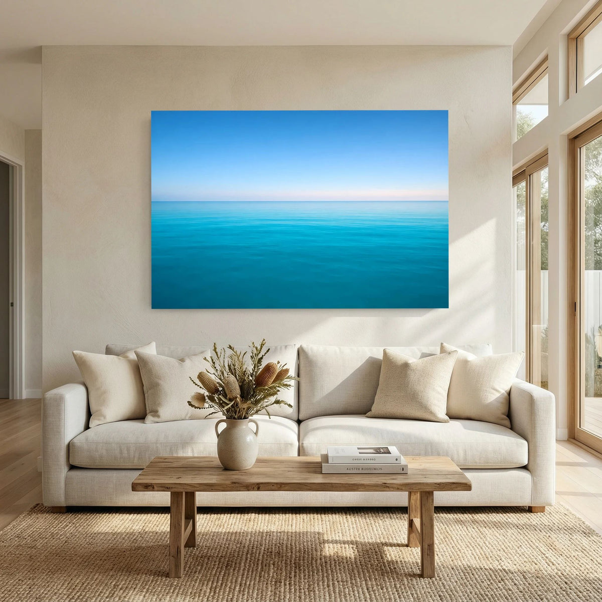 Meerblick-Wandbild im Querformat mit türkisfarbenem Wasser und blauem Himmel