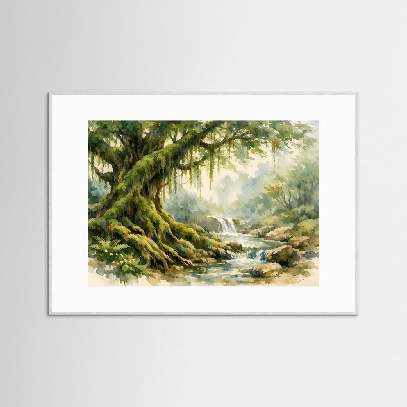 Mysteröser Urwaldbaum am Flusslauf | Aquarell Natur & Urwald Poster Querformat