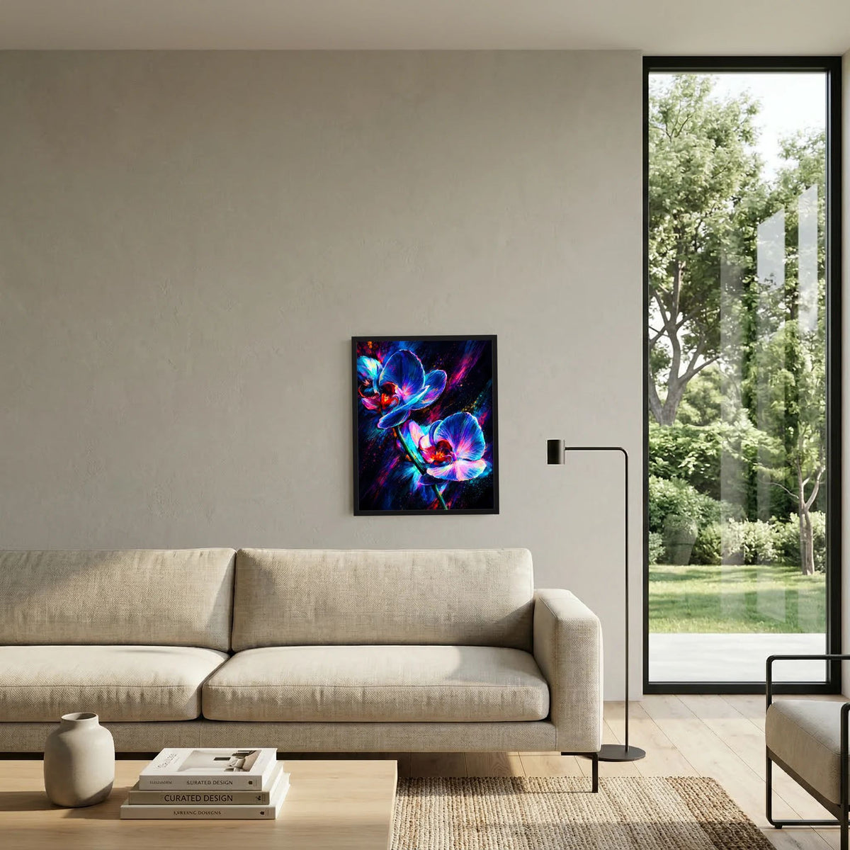 Wandposter mit Neon-Orchideen in Blau und Pink, schwarzer Rahmen