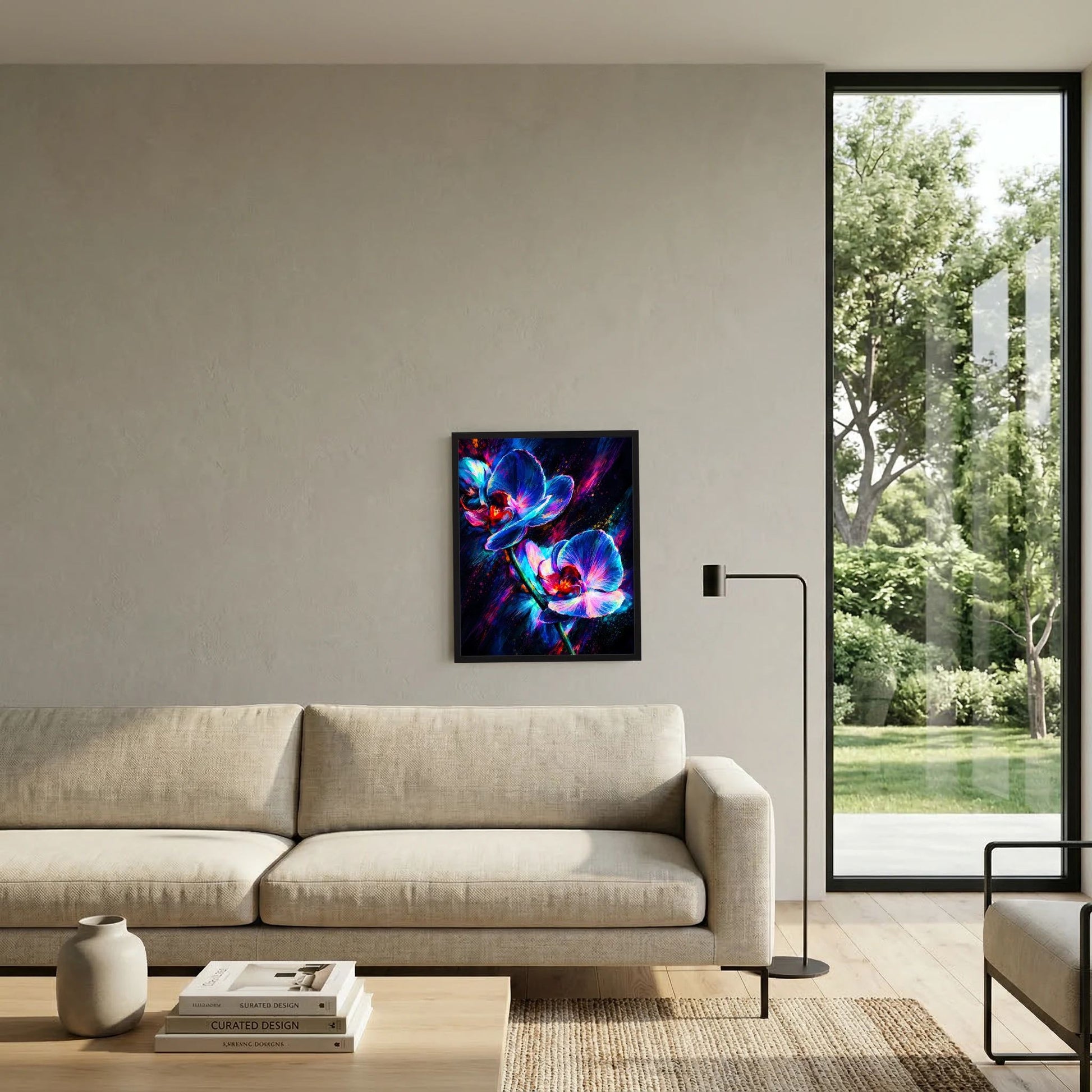 Wandposter mit Neon-Orchideen in Blau und Pink, schwarzer Rahmen