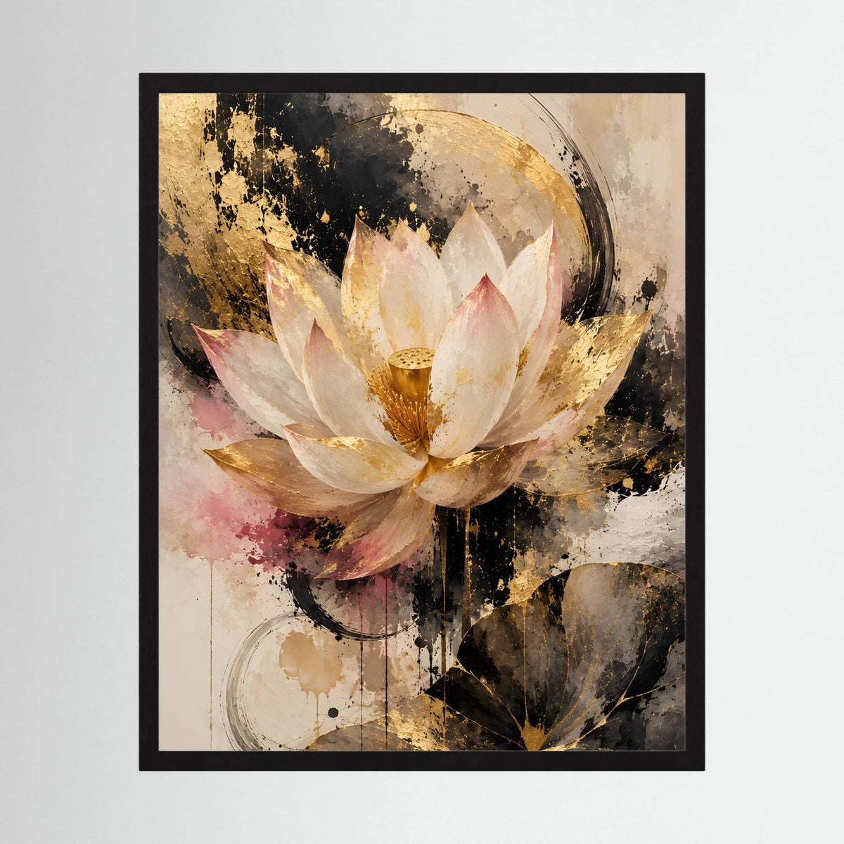 Lotusblumen-Poster im schwarzen Rahmen: cremefarbene Lotusblüte, Gold, Schwarzspritzer