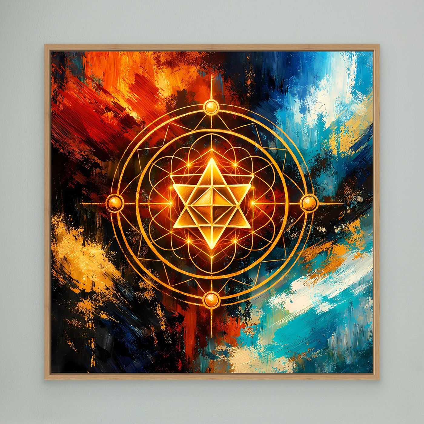 Gerahmtes Leinwandbild mit goldener Merkaba-Geometrie und leuchtendem Stern, Eichenrahmen