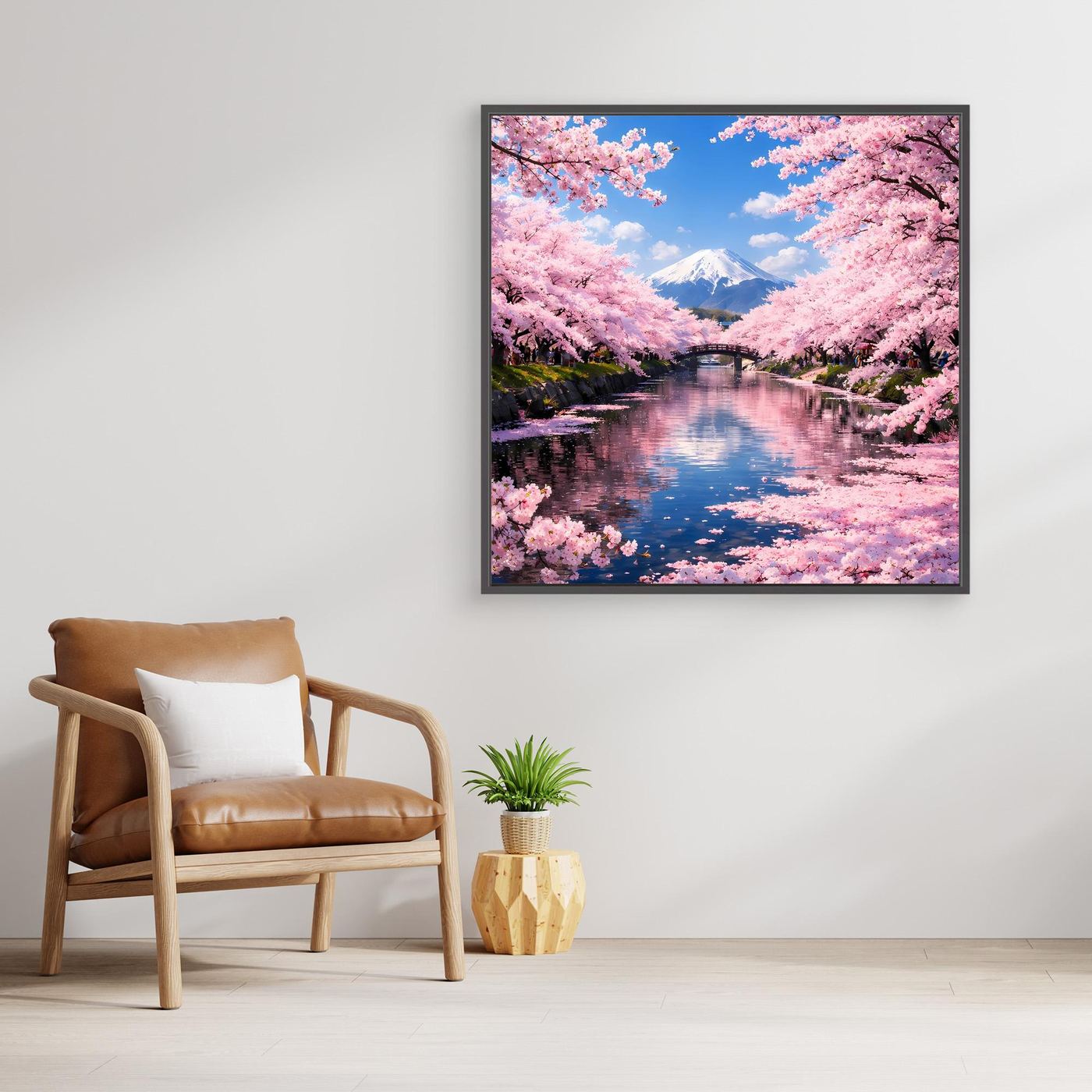 Leinwandbild mit Sakura-Blüten und Berg Fuji im schwarzen Rahmen, spiegelndes Wasser