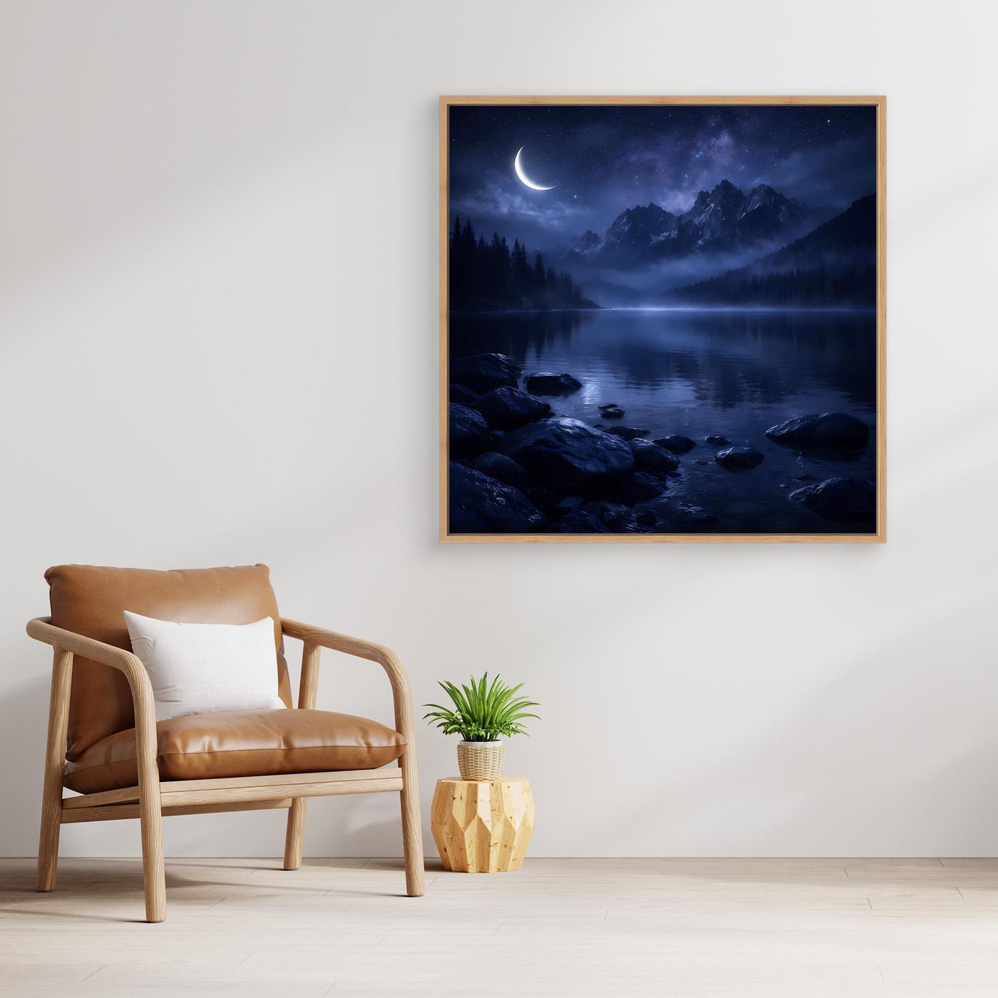 Leinwandbild Nachtlandschaft mit Mond über Bergsee, goldbrauner Holzrahmen