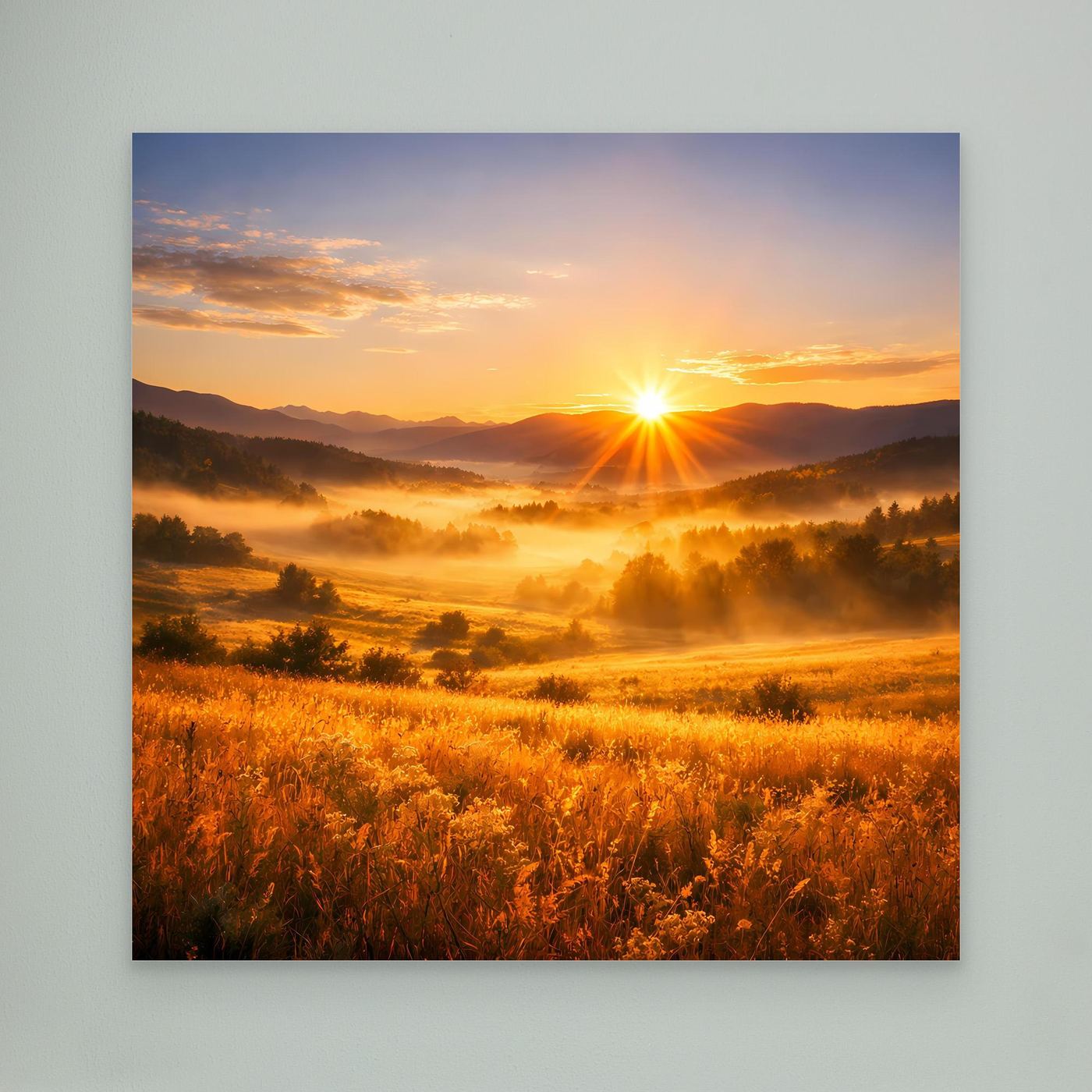 Leinwandbild ohne Rahmen mit goldenem Sonnenaufgang über Bergtal und Wiesen im Nebel.