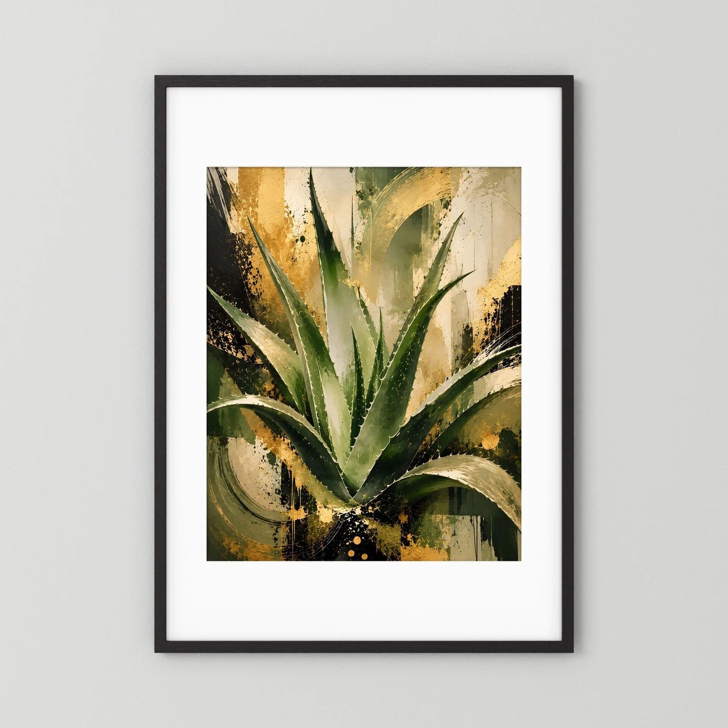 Abstraktes Aloe-Vera-Wandposter, grün-goldene Pflanze im schwarzen Rahmen mit weißem Rand