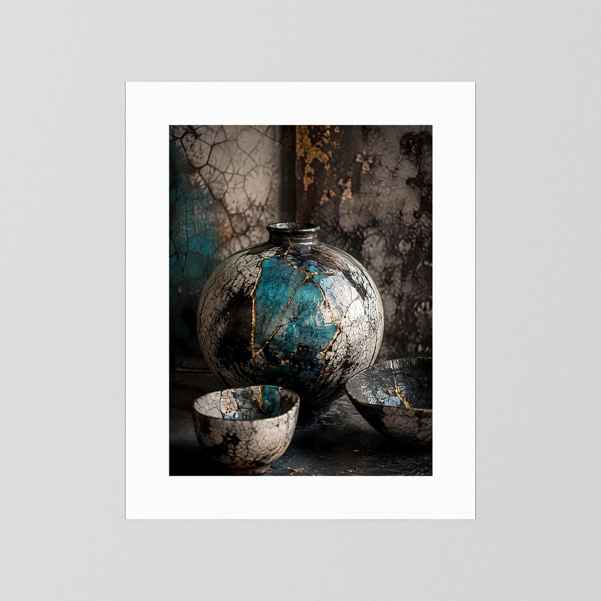 Poster im Hochformat mit türkis-goldener Keramikvase und Schalen, weißer Rand