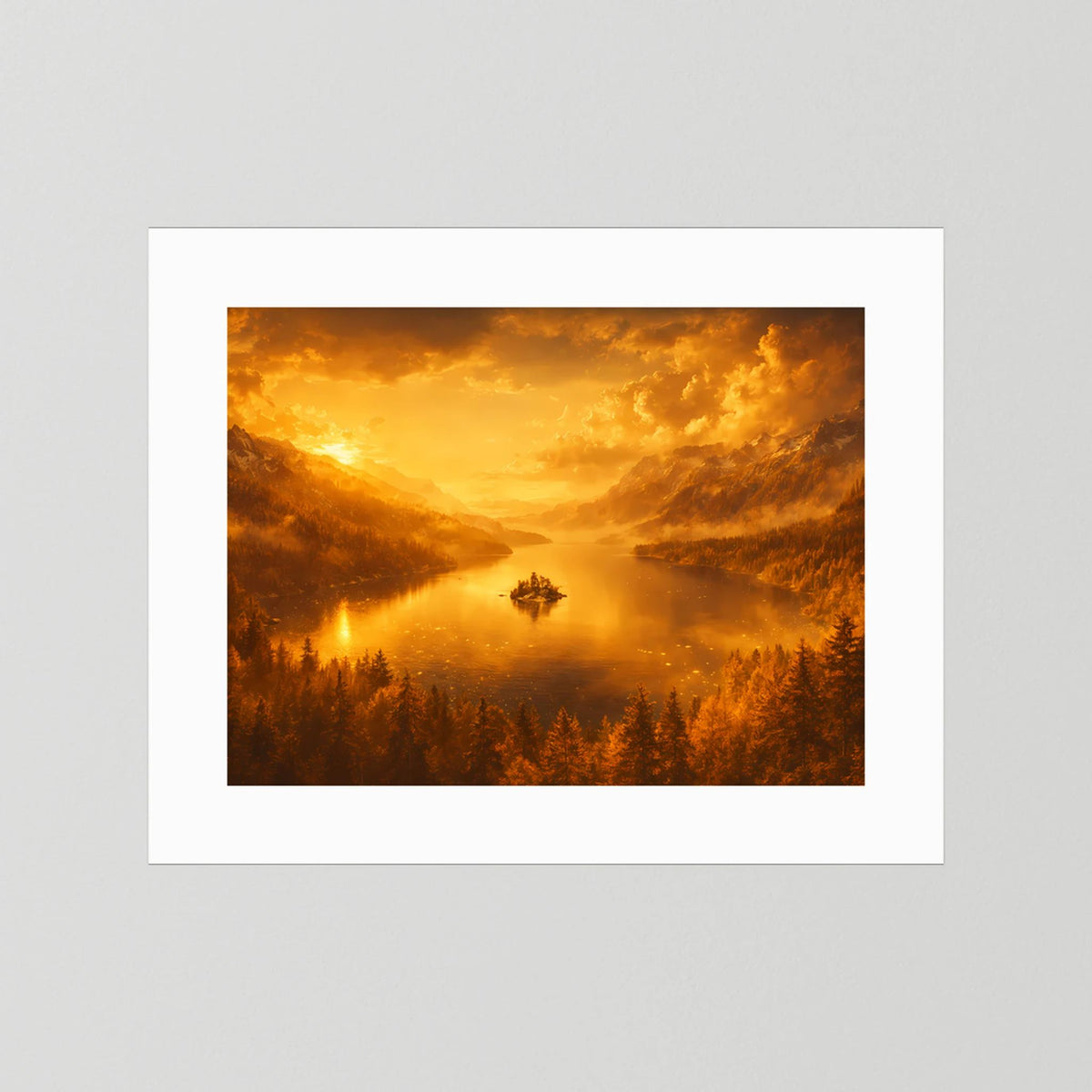 Poster im Querformat mit weißem Passepartout: Bergsee bei Abendlicht
