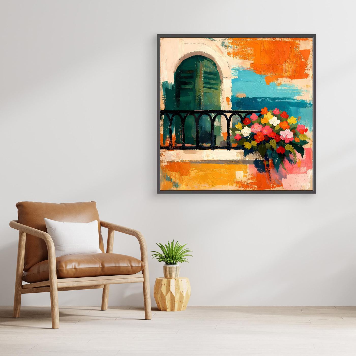 Abstract balcony wall art canvas with arched doorway and colorful flowers, framed.