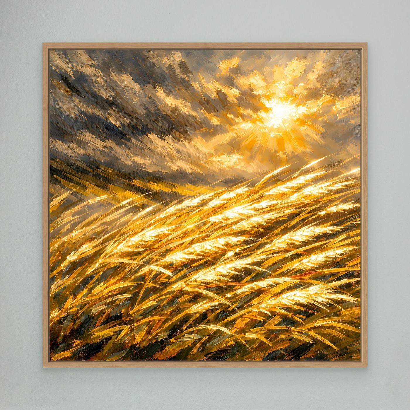 Leinwandbild mit goldenem Weizenfeld und Sonnenstrahlen, Eichenrahmen