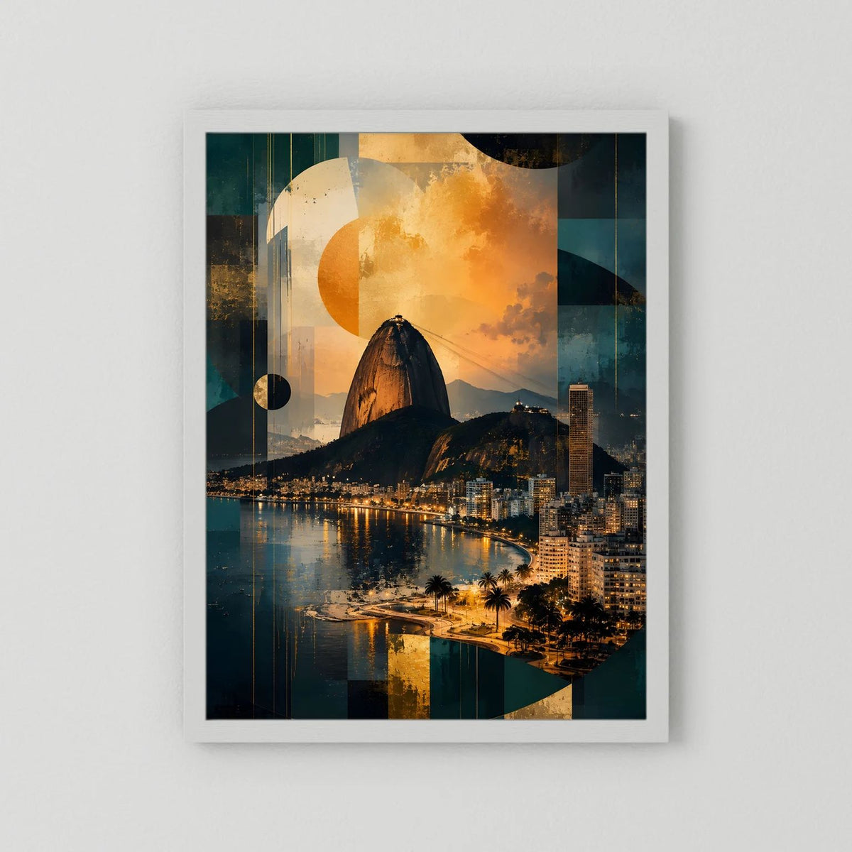 Hochformatiges Brasilien-Poster mit weißem Rand: abstrakte Skyline, Zuckerhut, Mond in Petrol/Gold.