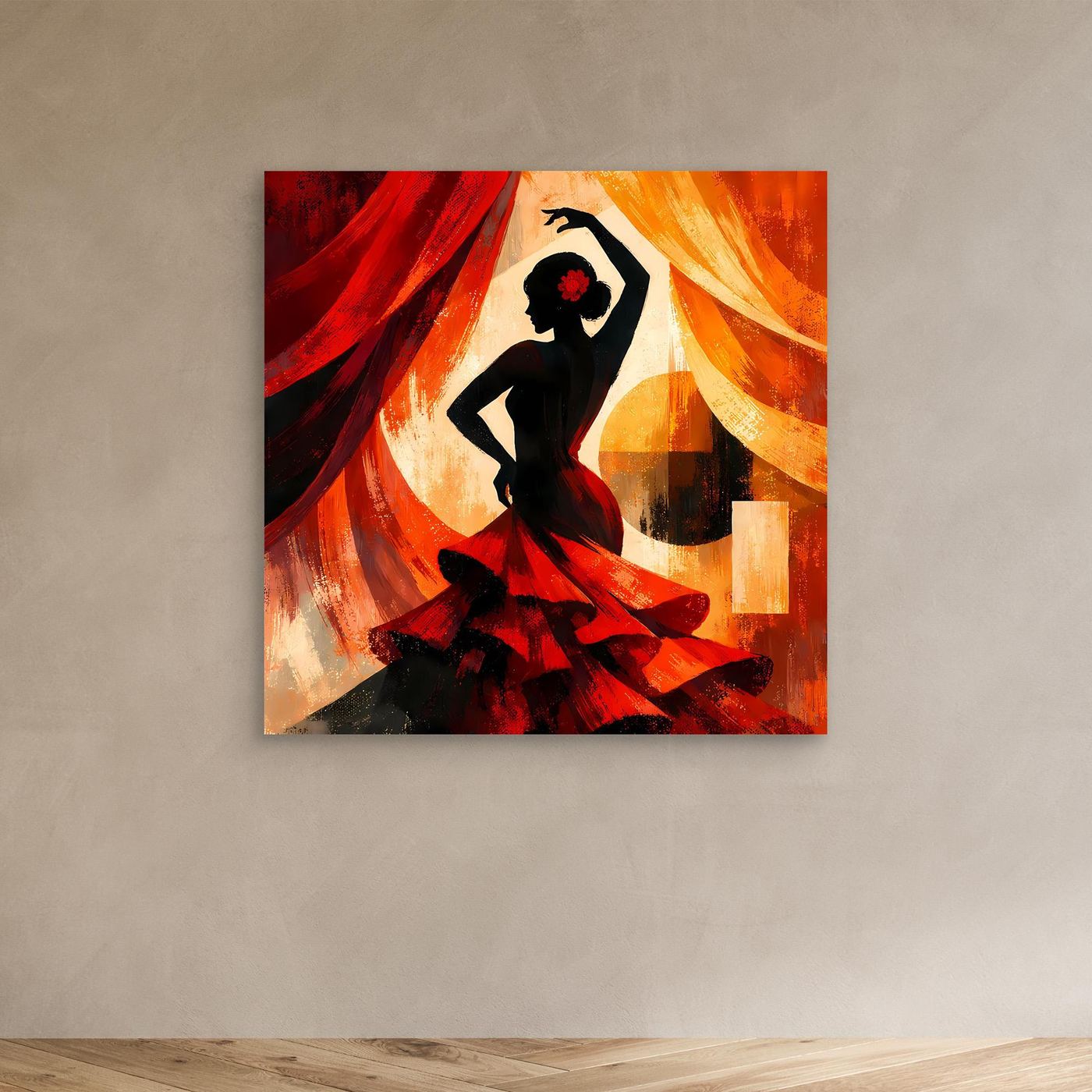 Leinwandbild ohne Rahmen mit Flamenco-Silhouette: schwarze Tänzerin vor roten und orangenen Tüchern.