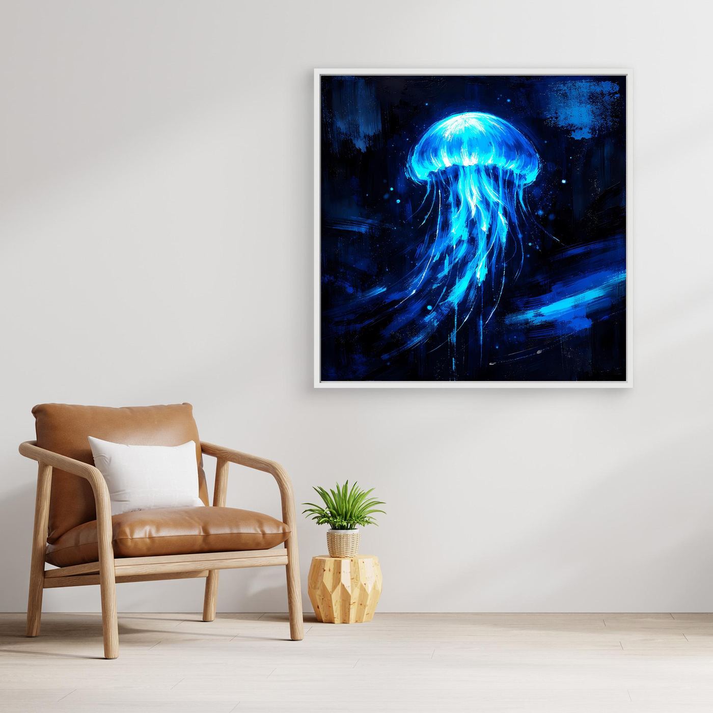 Leinwand Leuchtende Qualle im Tiefsee-Ozean | Abstraktes Biolumineszenz Wandbild
