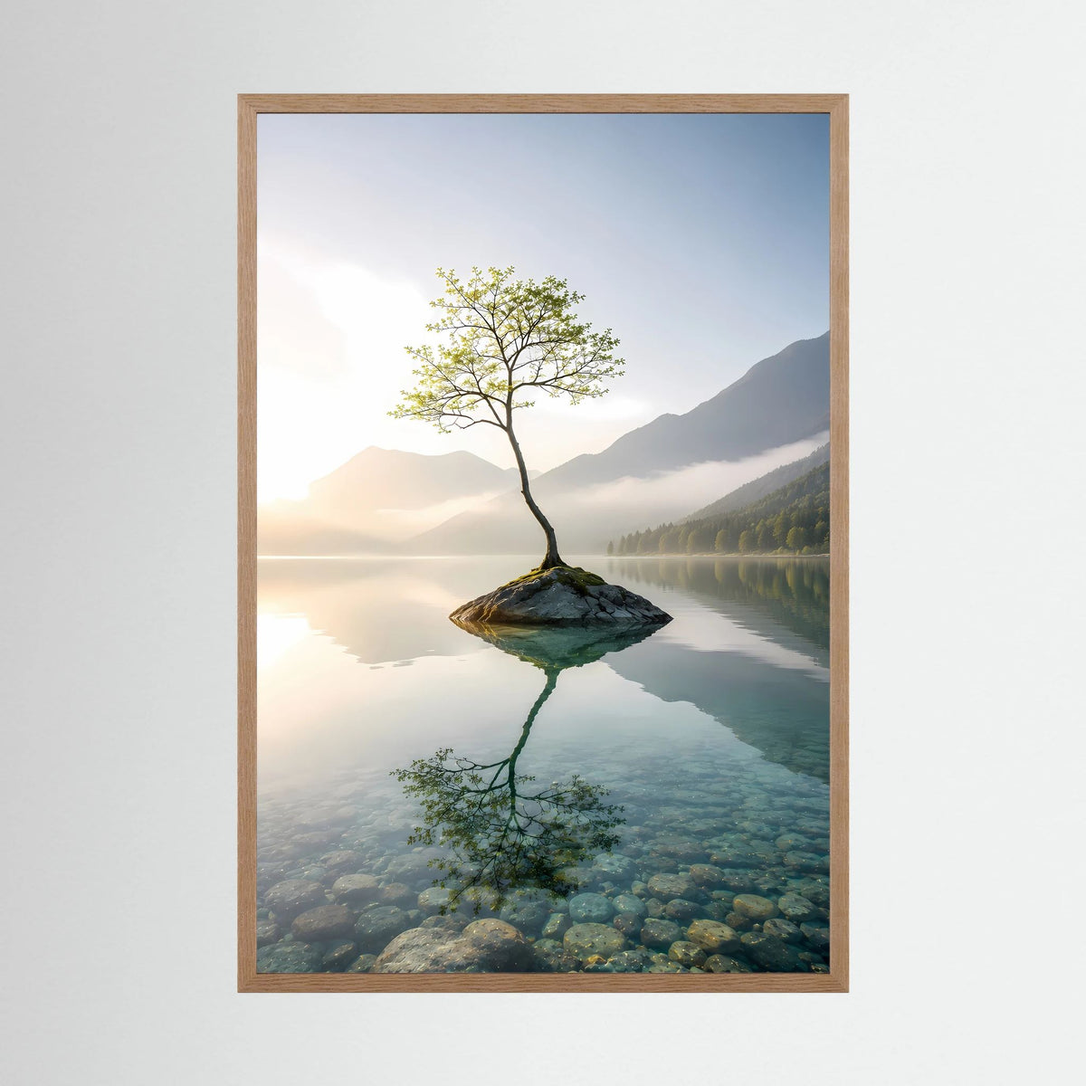 Baum auf Felsen im Bergsee | Minimalistische Natur & Spiegelung | Poster Hochformat