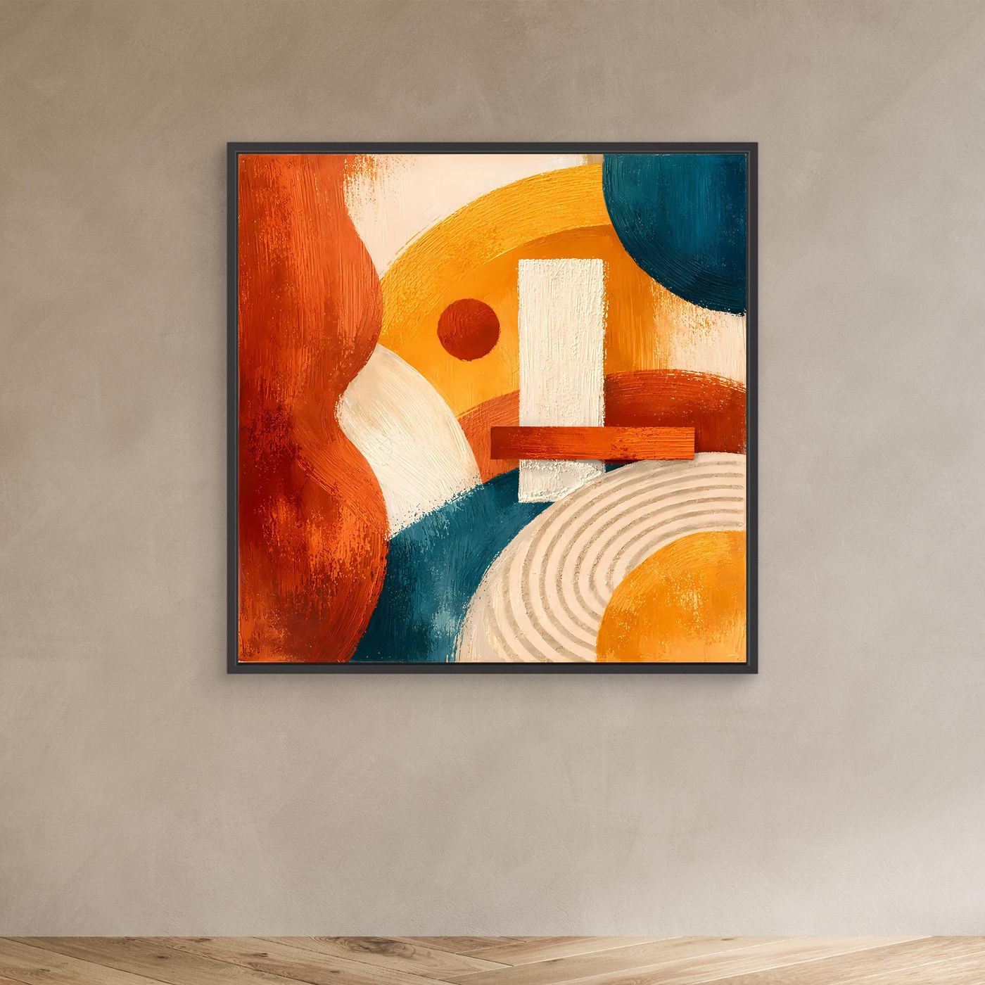 Geometrisches Abstrakt-Leinwandbild mit dunklem Rahmen, Terrakotta, Blau und Gelb