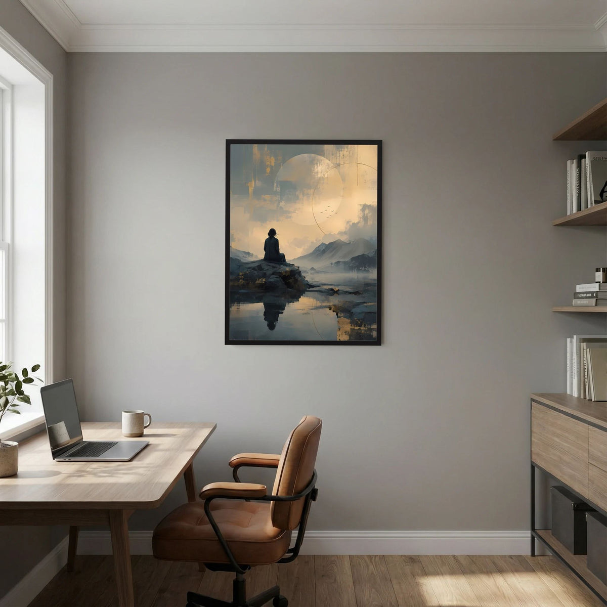 Gerahmtes Hochformat-Poster mit Meditierenden Figur auf Fels im See, Berglandschaft und gold-grauer Himmel.