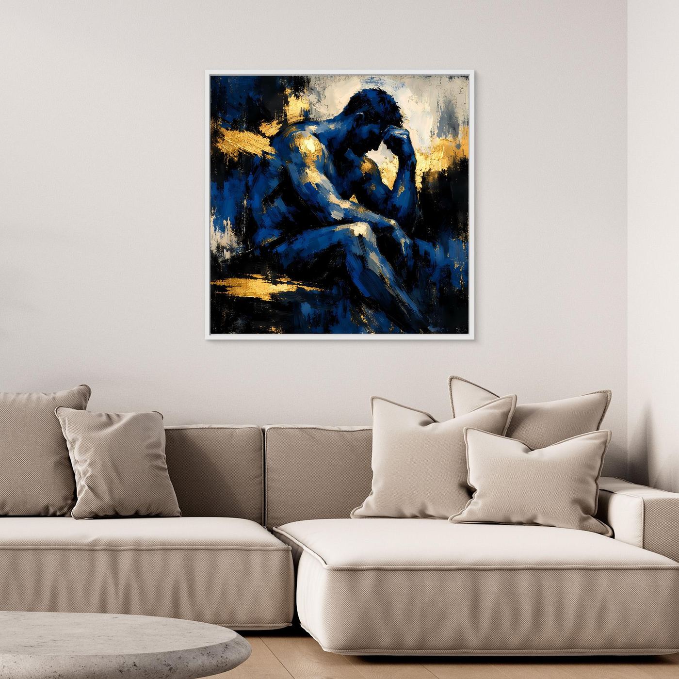 Leinwand Der Denker in Blau | Abstraktes Männersilhouette Wandbild Gold