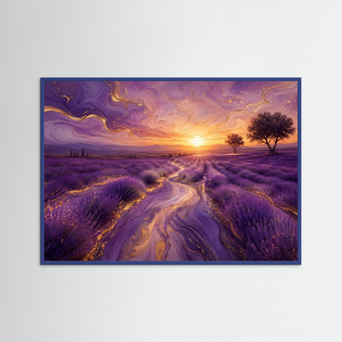 Lavendelfeld Goldfluss Poster | Abstrakte Provence Landschaft mit Sonnenuntergang Modernes Wandbild Querformat
