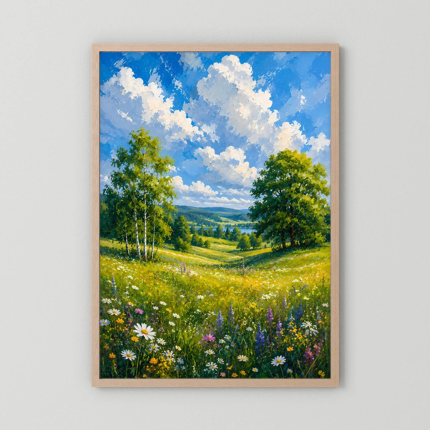 Kunstposter mit hellem Holzrahmen, Motiv: blühende Sommerwiese zwischen grünen Bäumen.