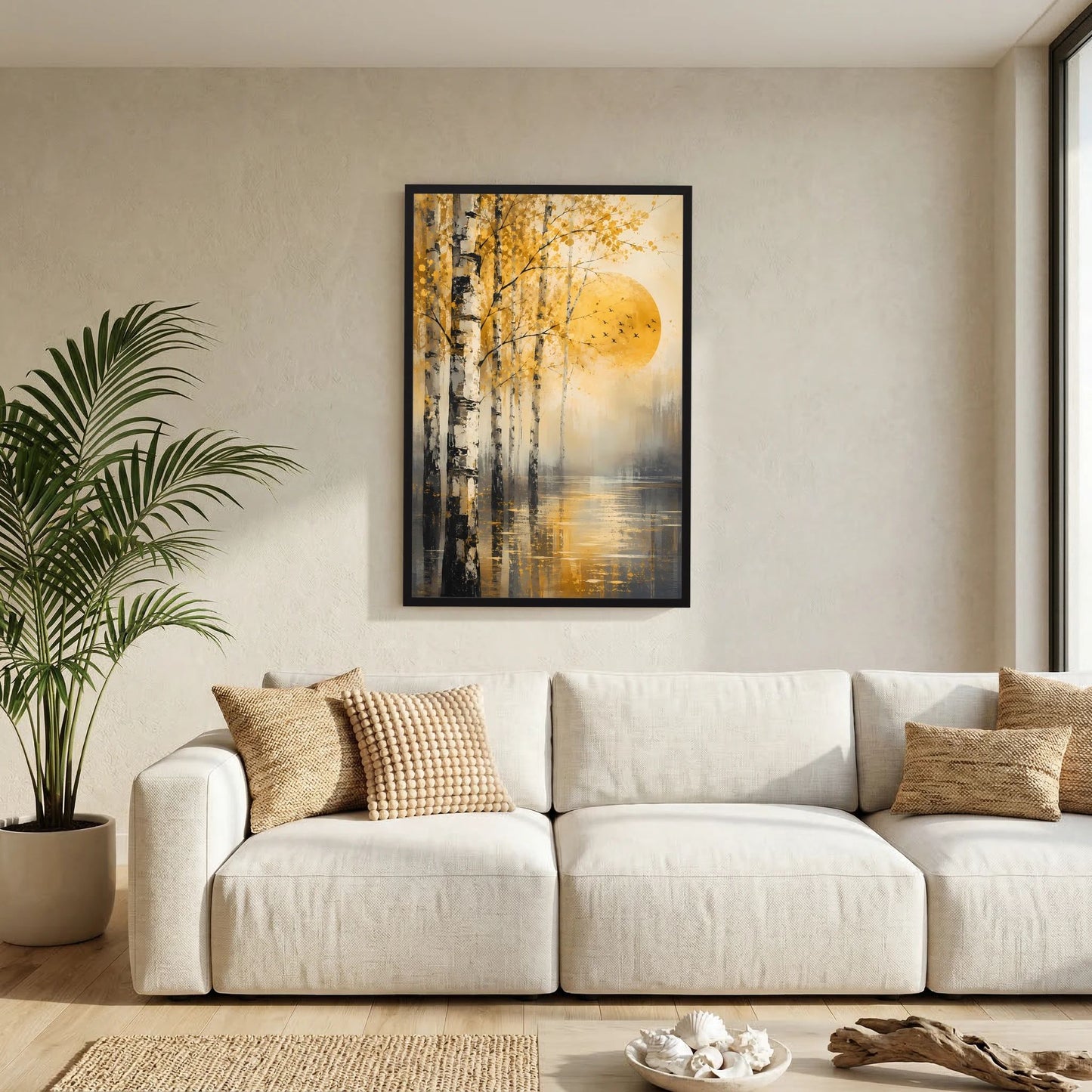 Hochformat-Poster im schwarzen Rahmen: Birkenwald, goldene Sonne, Vögel
