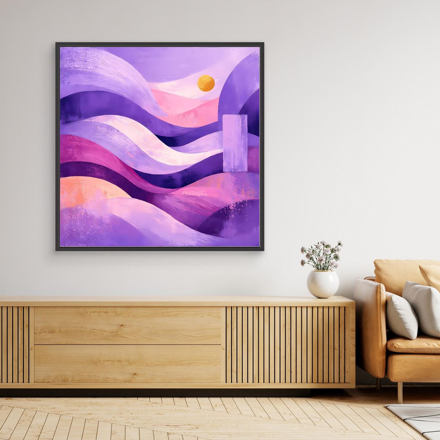 Leinwand-Wandbild mit abstrakter Dünenlandschaft in Lila und Pink, schwarz gerahmt