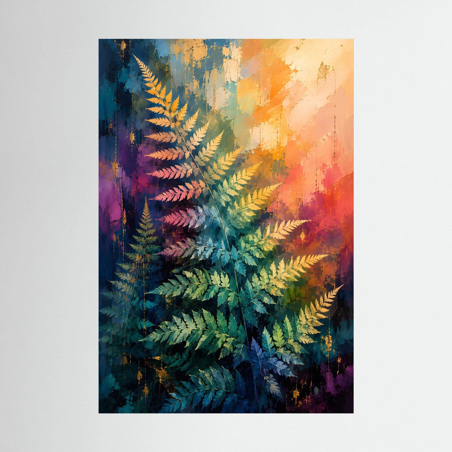 Abstraktes Farn-Poster ohne Rahmen, goldene Akzente und mehrfarbige Farnwedel in Blau und Grün.