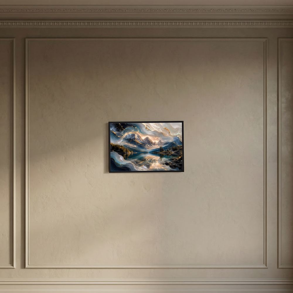 Kleines Querformat-Poster mit dunklem Rahmen und abstrakter Berglandschaft mit Bergsee in Blau und Gold