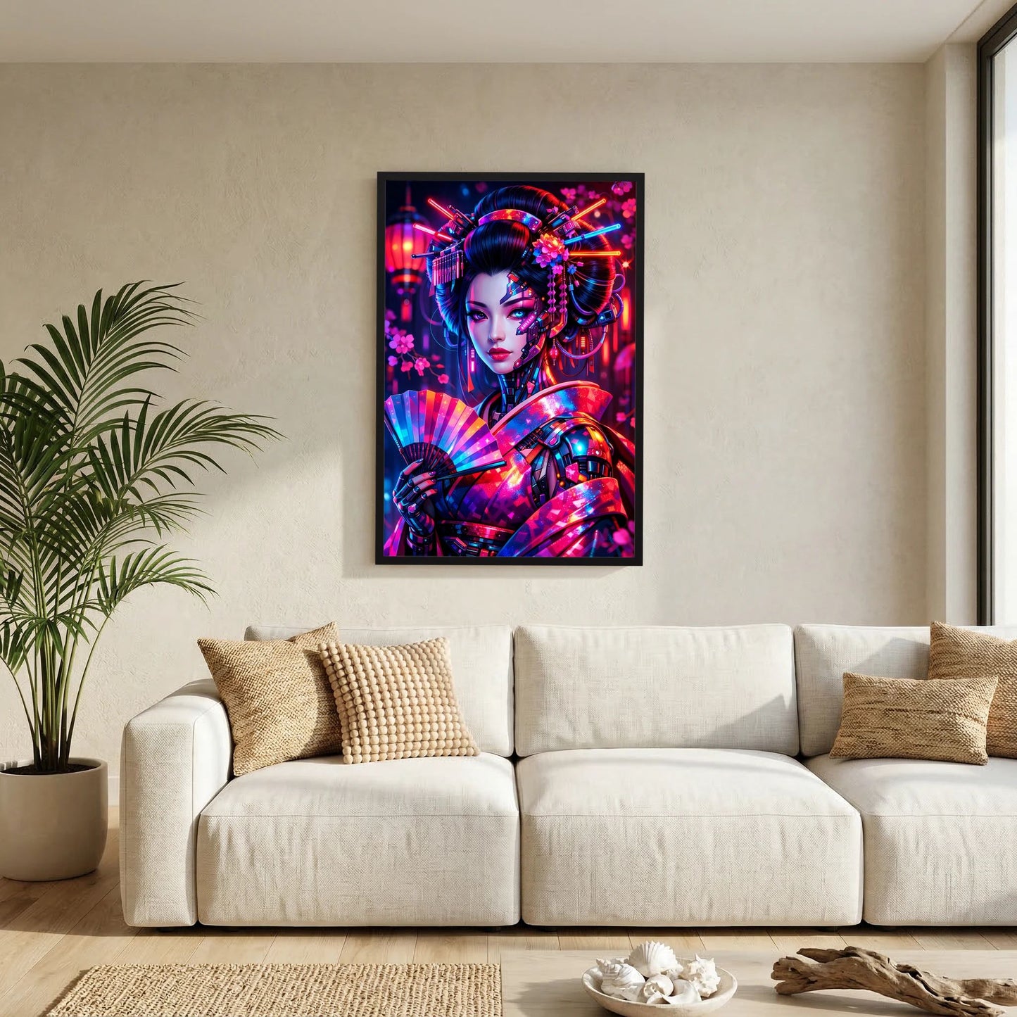 Neonkunst-Poster mit Cyber-Geisha, schwarzer Rahmen, Hochformat.