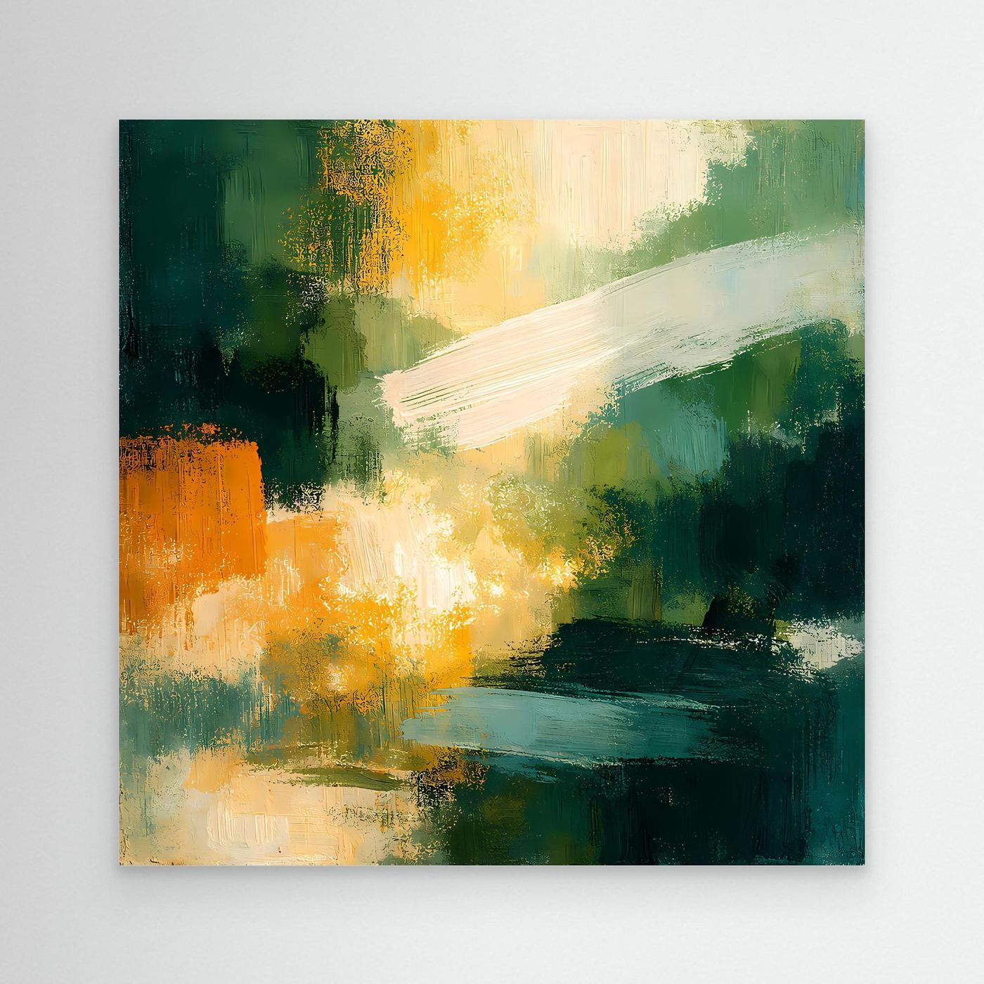Abstraktes Leinwand-Wandbild, grün-gelb-orangenes Motiv mit hellen Pinselstrichen, ohne Rahmen