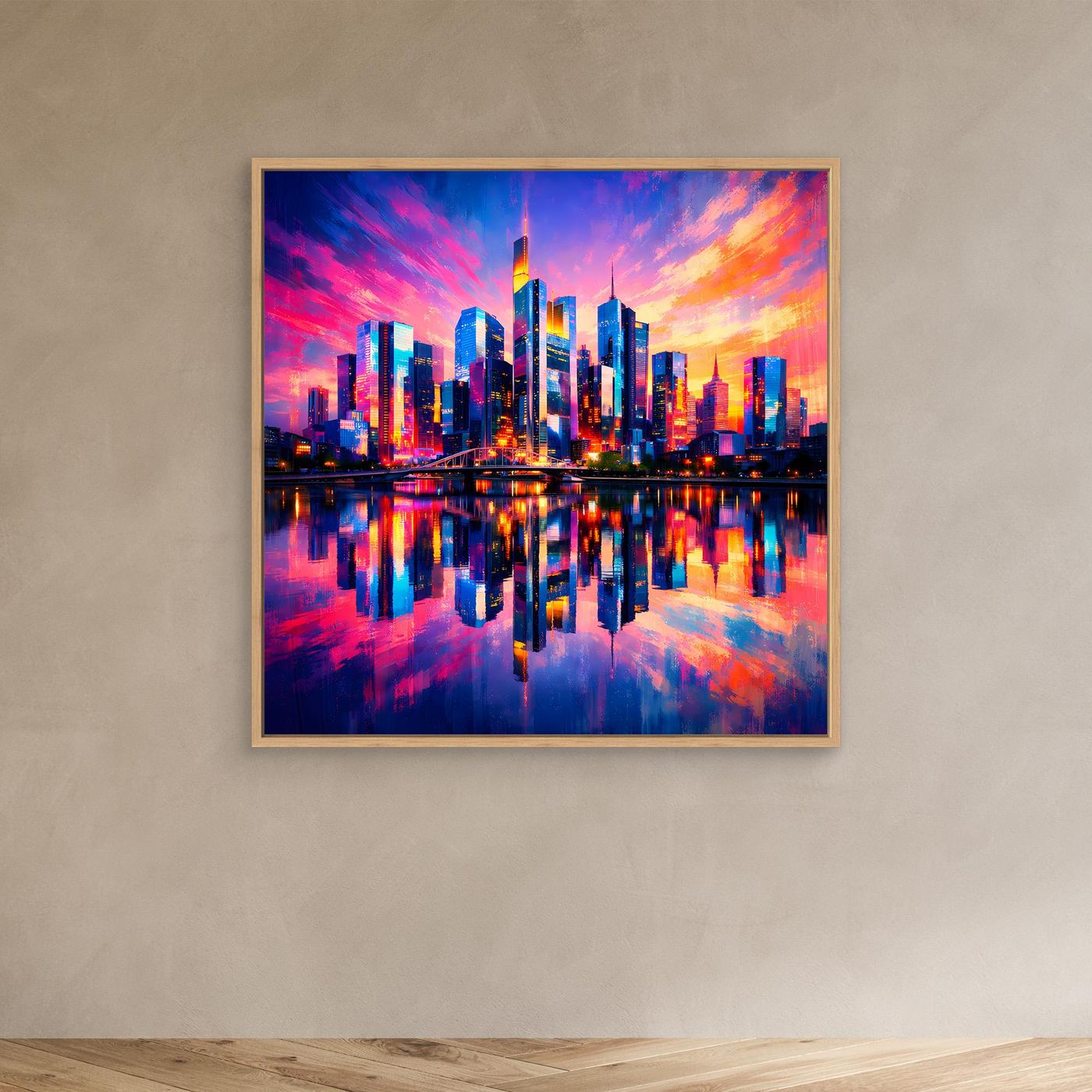 Leinwand Farbenfrohe Frankfurt Skyline bei Sonnenuntergang | Modernes Wandbild