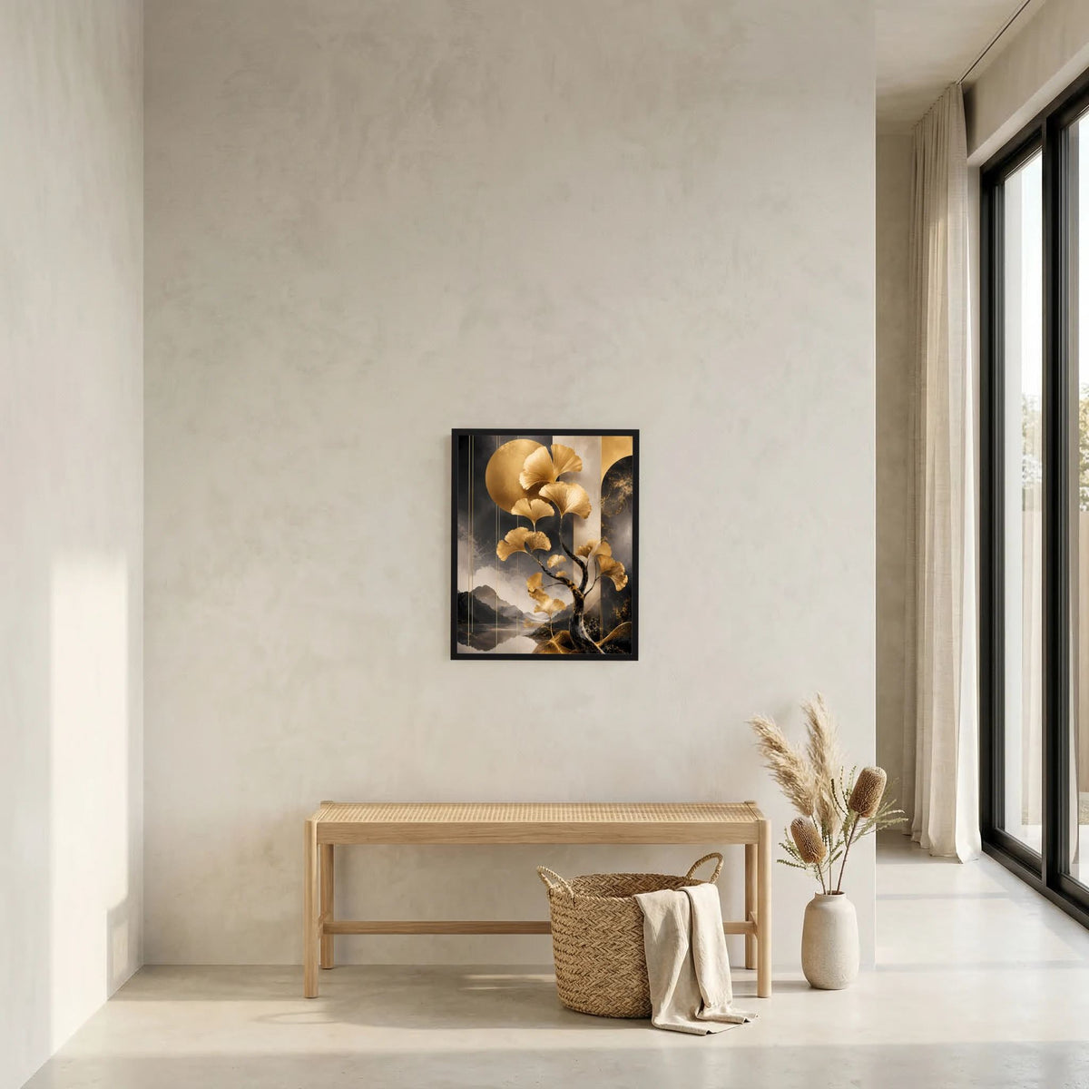 Gerahmtes Hochformat-Poster: goldene Ginkgoblätter und Baum über Bergkulisse