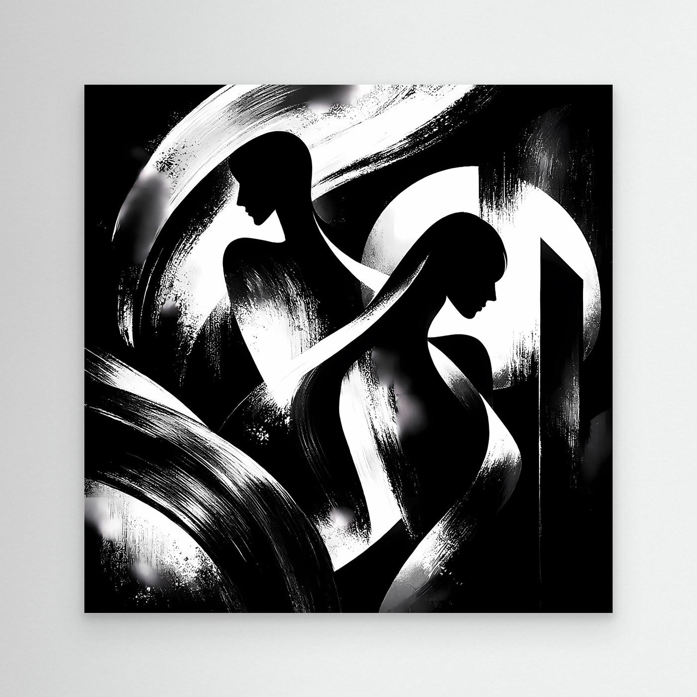 Abstraktes Leinwand-Wandbild mit schwarzweißen Silhouetten und Pinselstrichen