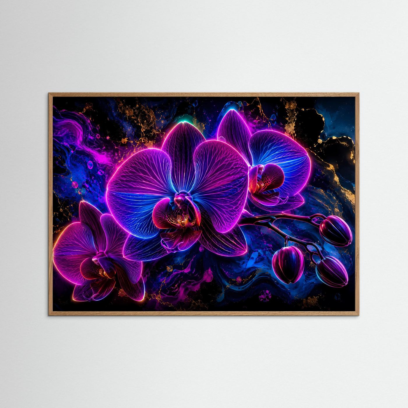 Neon Orchideen Poster | Leuchtende Orchideen in Pink Blau | Moderne Abstrakte Blumen Wandkunst mit Gold Akzenten